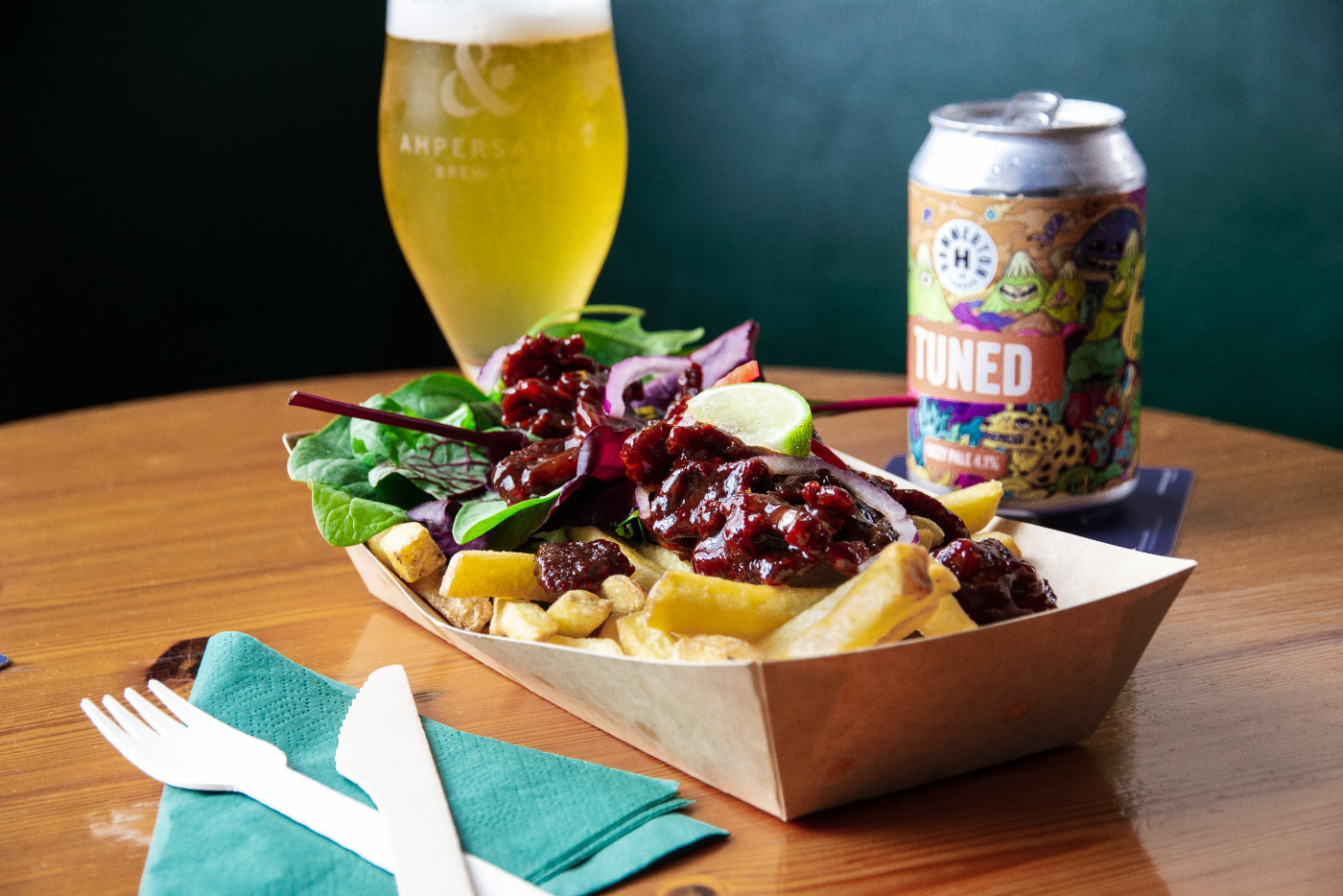 Crispy chilli beef, made with fillet steak, served with a can of Hammerton Tuned Pale Ale