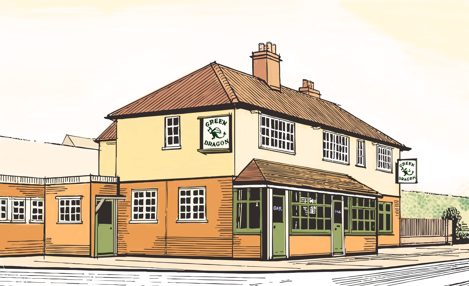 A drawing of the front of the Green Dragon